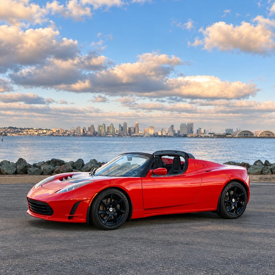 The original red Tesla Roadster by the water